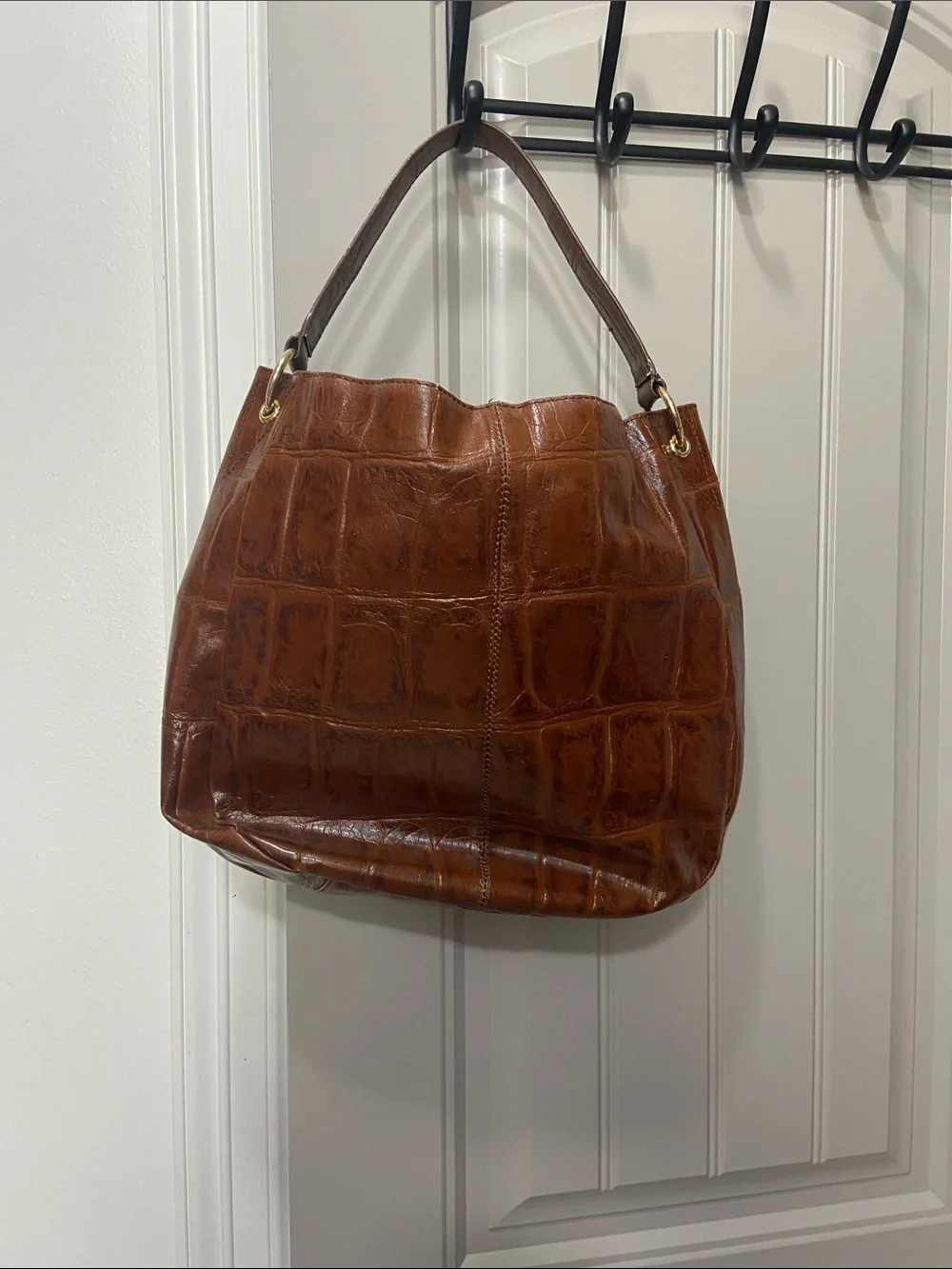 Cognac Croc-Embossed Shoulder Bag — Sleek Everyday Carry